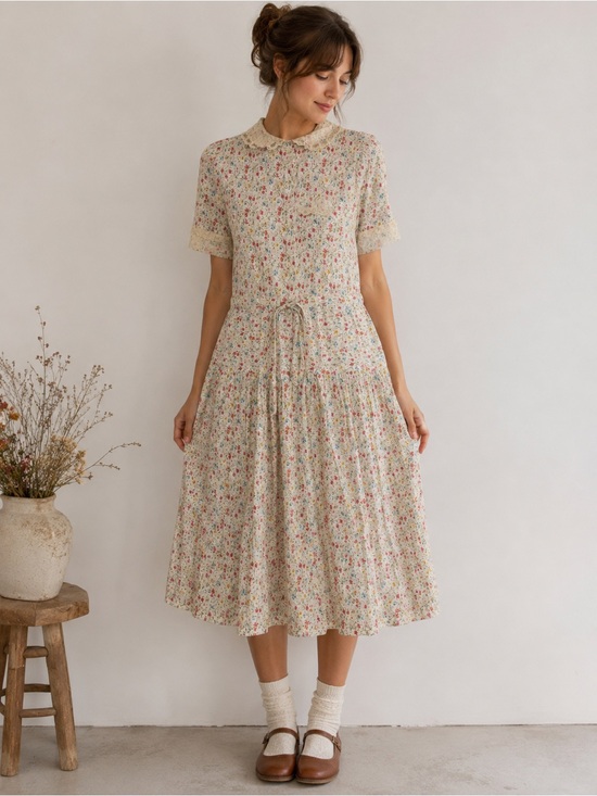Vintage Dresses & Skirts - Vintage Cottagecore Floral Dress Lace Collar Prairie Midi Romantic Feminine